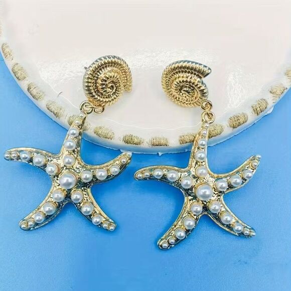 🌴Gold Tone Nautical Starfish Shell Pearl Post Drop Dangle Earrings - Picture 5 of 6